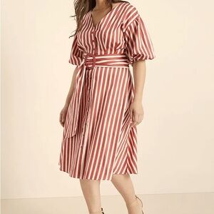 Striped Fluffy Sleeved Dress with Belt